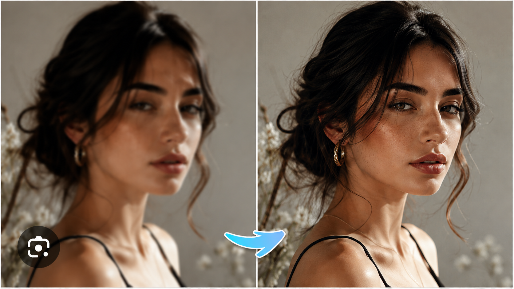 Photo Remini before and after — blurry portrait enhanced to HD quality with sharp details, freckles and color